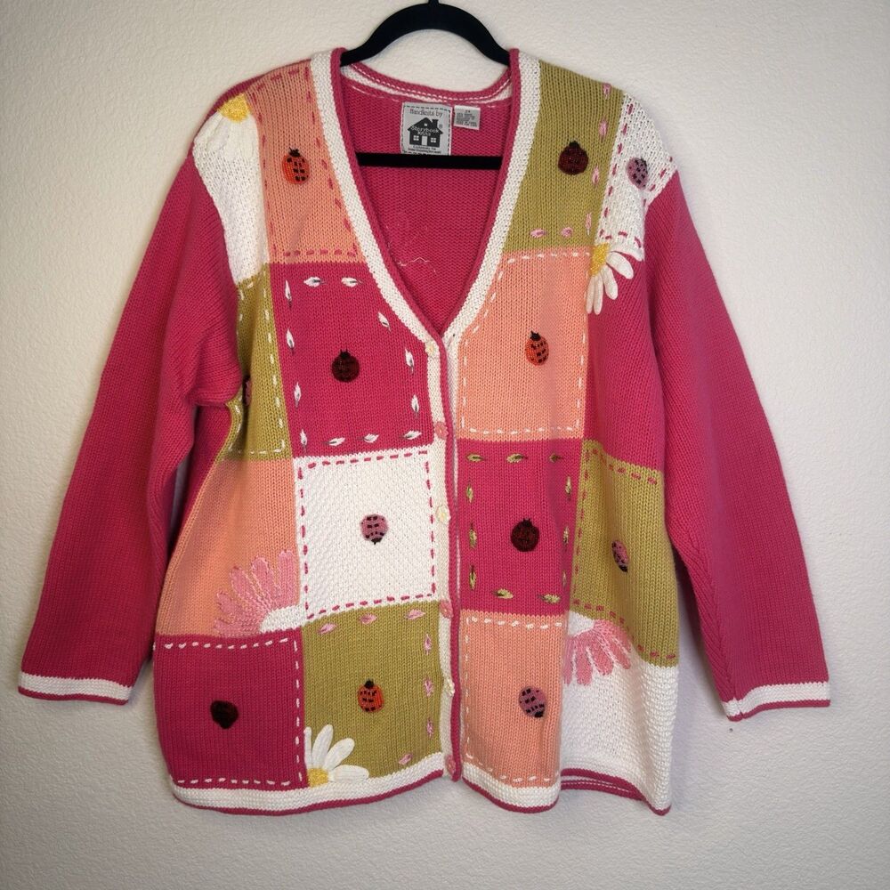Storybook Knits Ladybug Patchwork Cardigan Sweater 2X Pink Floral Grannycore